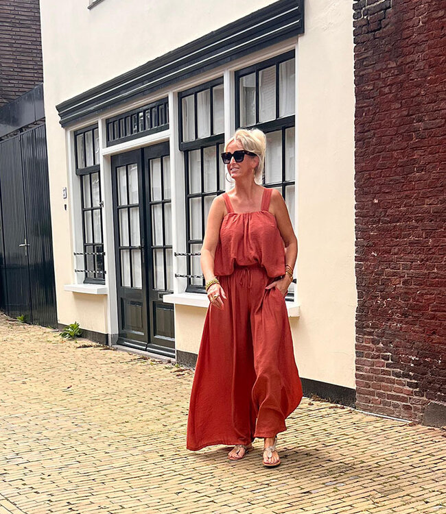 2-Delige Set Ballon Top + Wijde Broek Donker Oranje