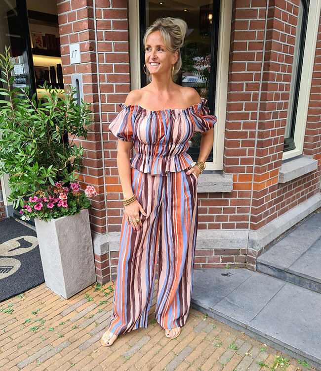 2-delige Offshoulder Top + Broek Strepen Bruin/Blauw
