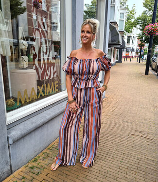 2-delige Offshoulder Top + Broek Strepen Bruin/Blauw