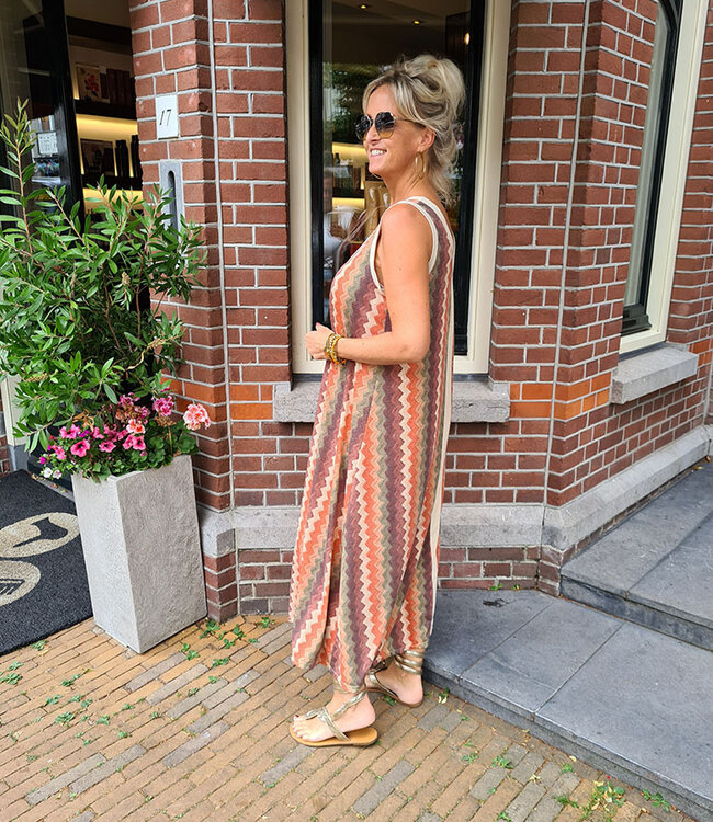 Lurex Zigzag Dress Bruin/Oranje/Groen