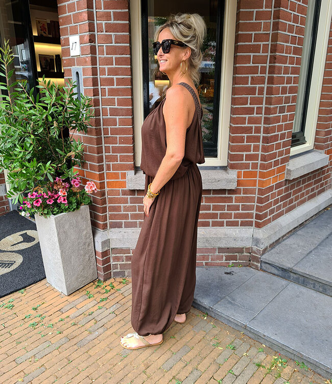 Oversized Linnenlook Top met Shimmer Donkerbruin