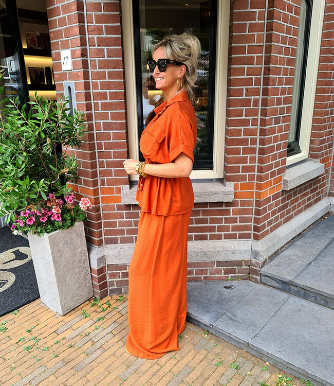 2-Delige Set Doorknoop Blouse + Pantalon Donker Oranje
