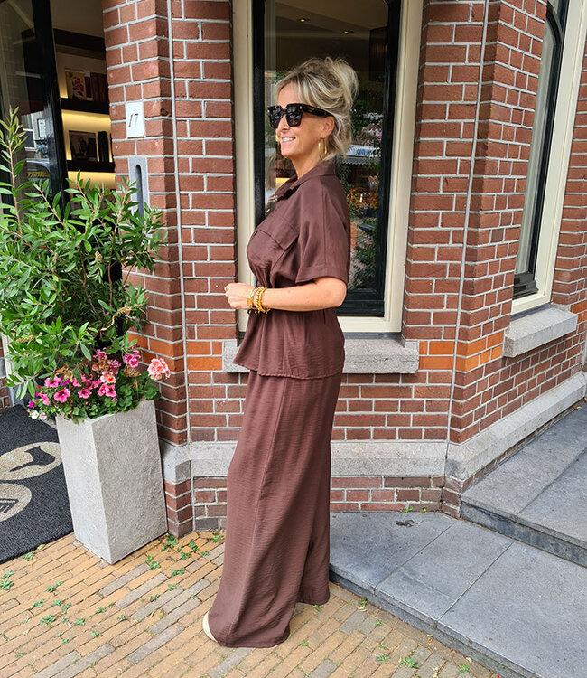 2-Delige Set Doorknoop Blouse + Pantalon Donkerbruin
