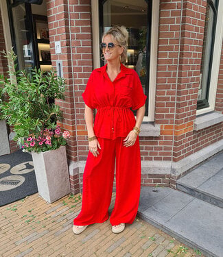 2-Delige Set Doorknoop Blouse + Pantalon Rood