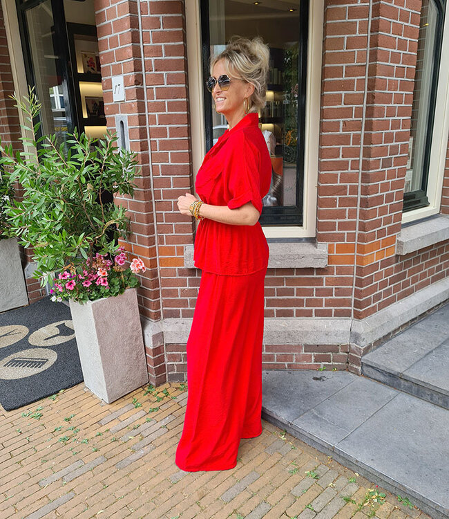 2-Delige Set Doorknoop Blouse + Pantalon Rood