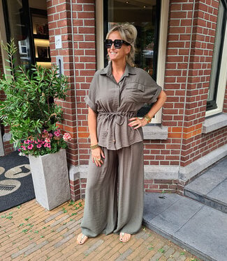 2-Delige Set Doorknoop Blouse + Pantalon Groen