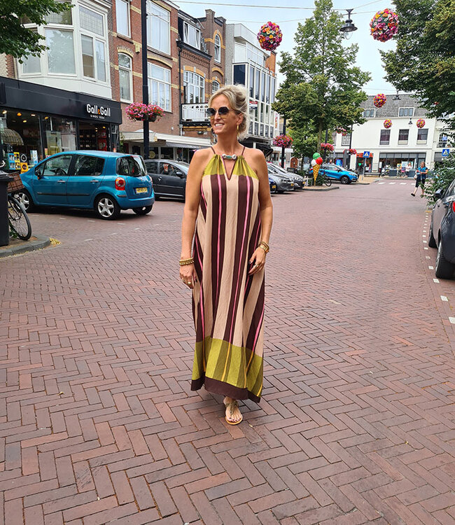 Lange Halterjurk Bruin/Roze/Groen Streep