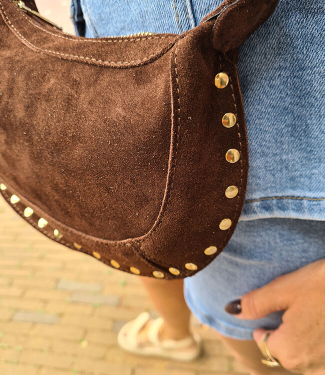 Suède Bag met Studs Monica Donkerbruin