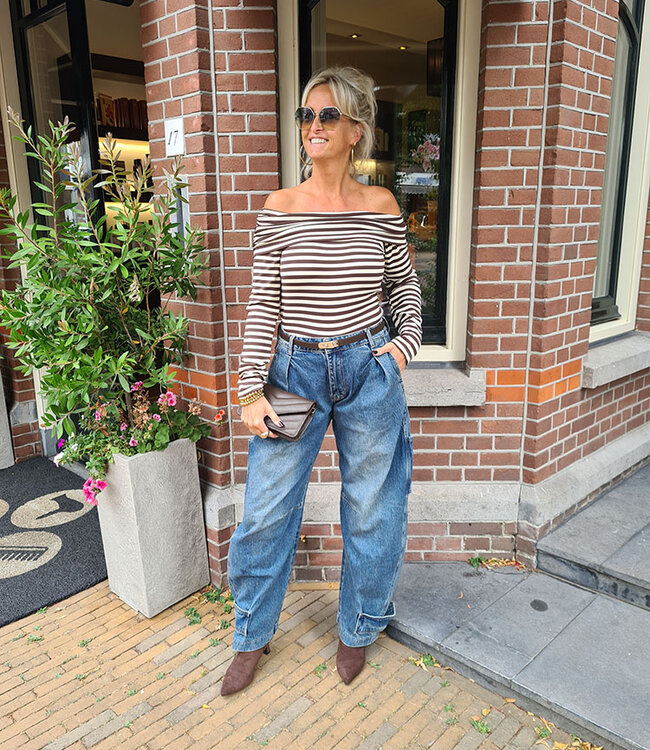 Offshoulder Streepjes Longsleeve Bruin/Wit