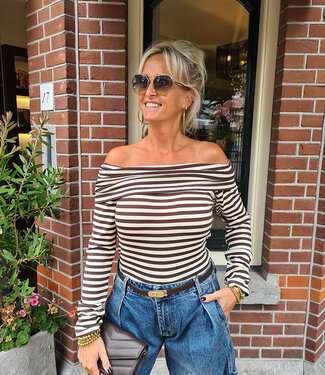 Offshoulder Streepjes Longsleeve Bruin/Wit