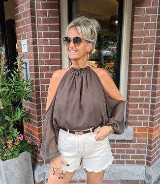 Blouse Opengewerkte Mouwen Donkerbruin