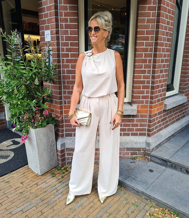 Azzurro Mouwloze Top met Gesp Crème