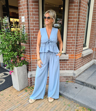 2-Delig Gesmokte Top + Pantalon Jeansblauw