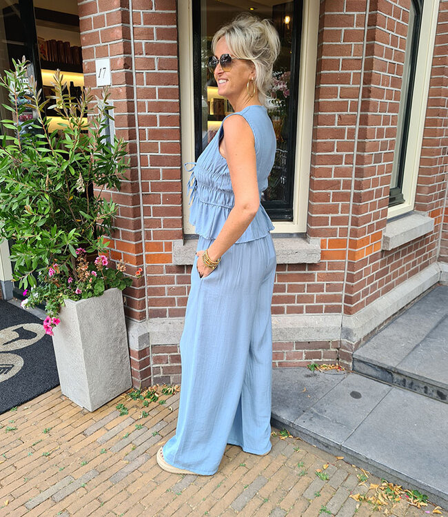 2-Delig Gesmokte Top + Pantalon Jeansblauw