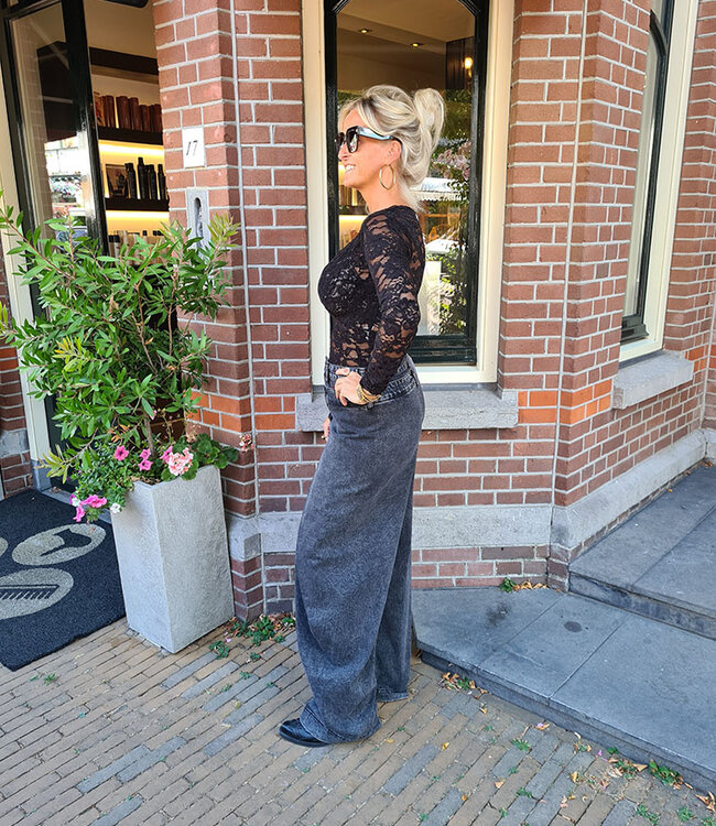 Lace Longsleeve Short Vhals Zwart