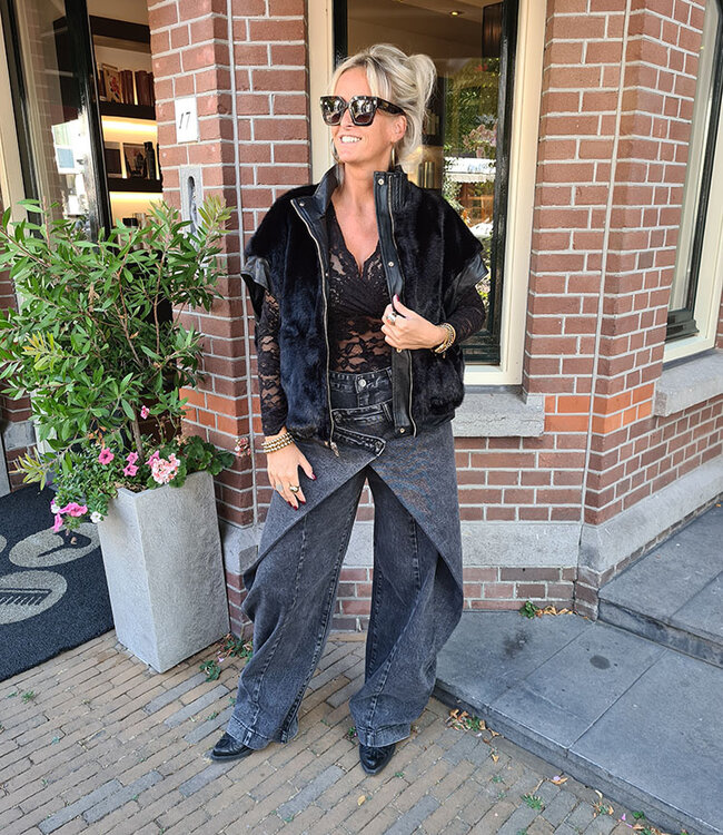 Reversibel Bodywamer Faux Fur/ Vegan Leder Zwart