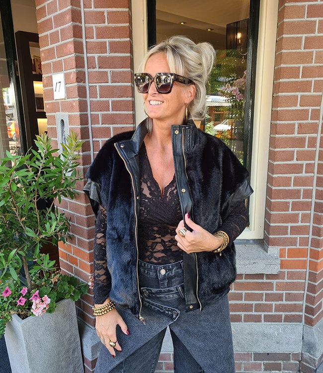 Reversibel Bodywamer Faux Fur/ Vegan Leder Zwart