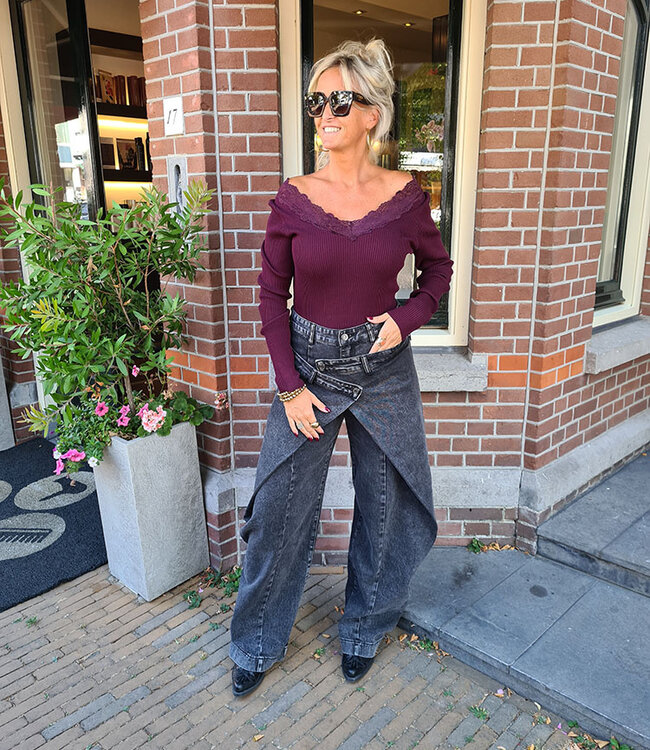 Knit Longsleeve Kanten wijde Hals Bordeaux