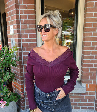 Knit Longsleeve Kanten wijde Hals Bordeaux