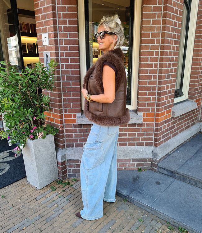 Faux Fur Gilet met Lederlook Bruin