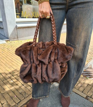 Faux Fur Handtas Gesmokt Donkerbruin