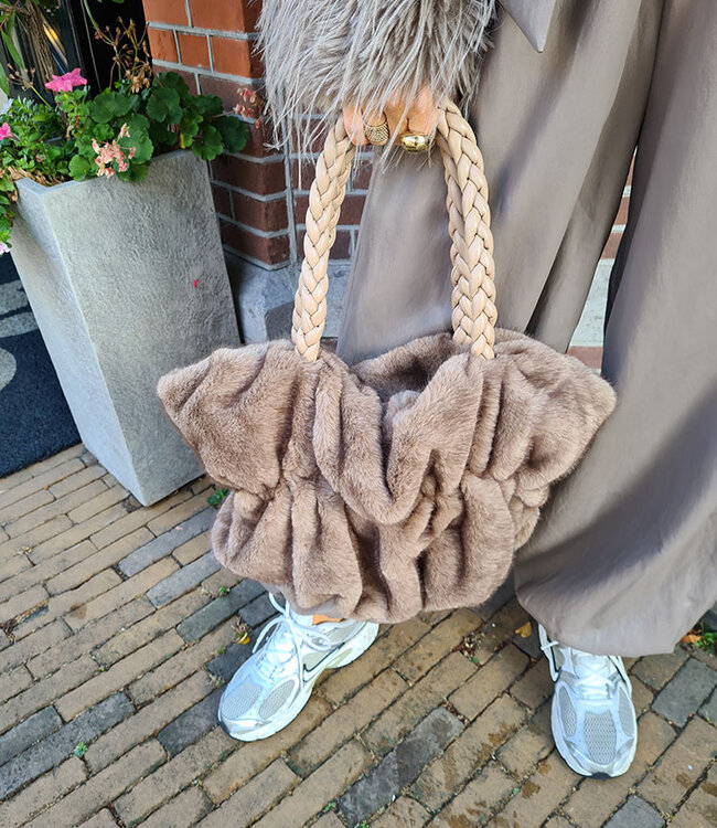 Faux Fur Handtas Gesmokt Taupe