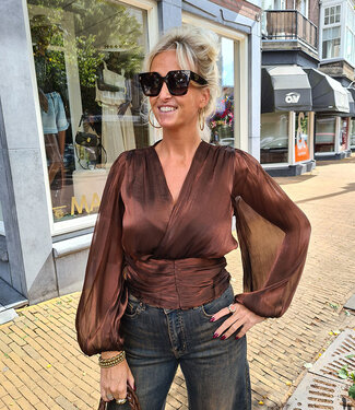 Blouse Vhals Gesmokt Shimmer Brons