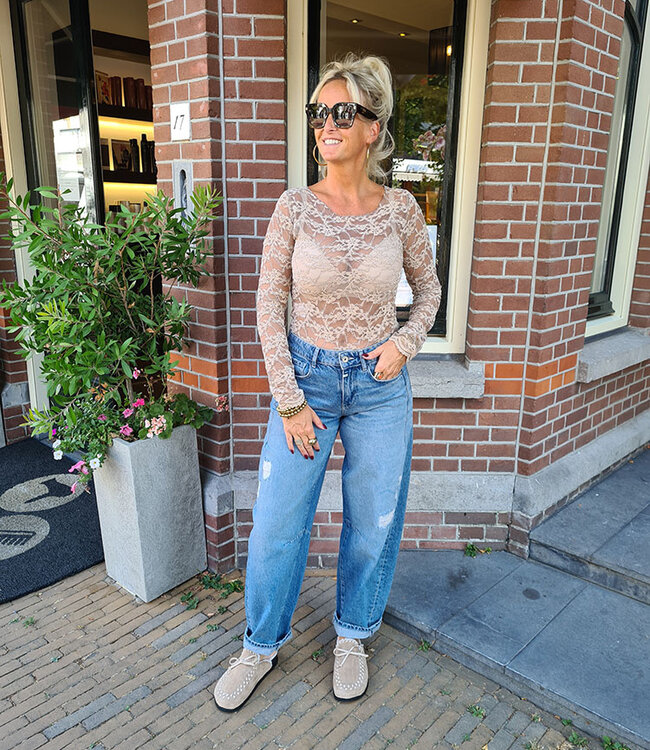 Kanten Longsleeve Ronde Hals Licht Camel