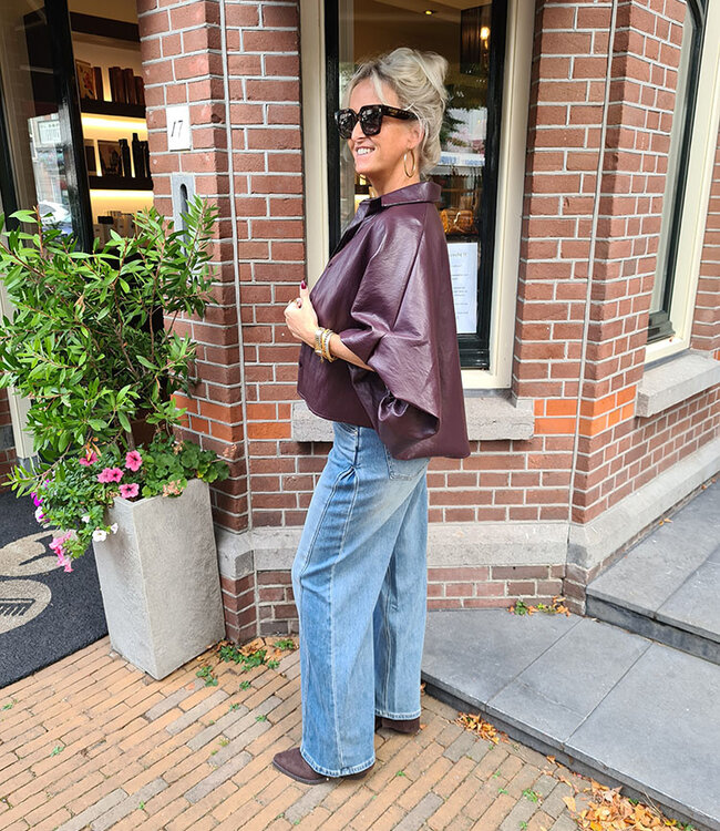 Oversized Lederlook Blouse Gesmokt Bordeaux