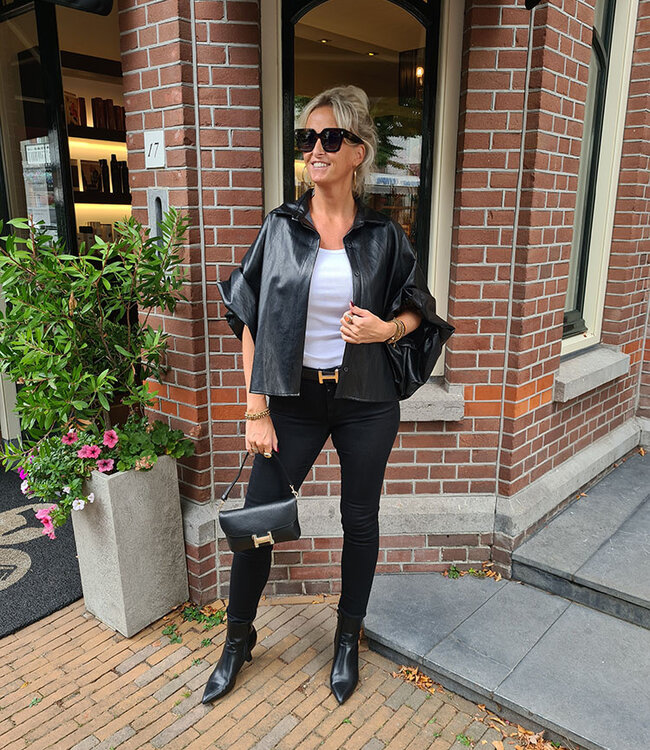 Oversized Lederlook Blouse Gesmokt Zwart