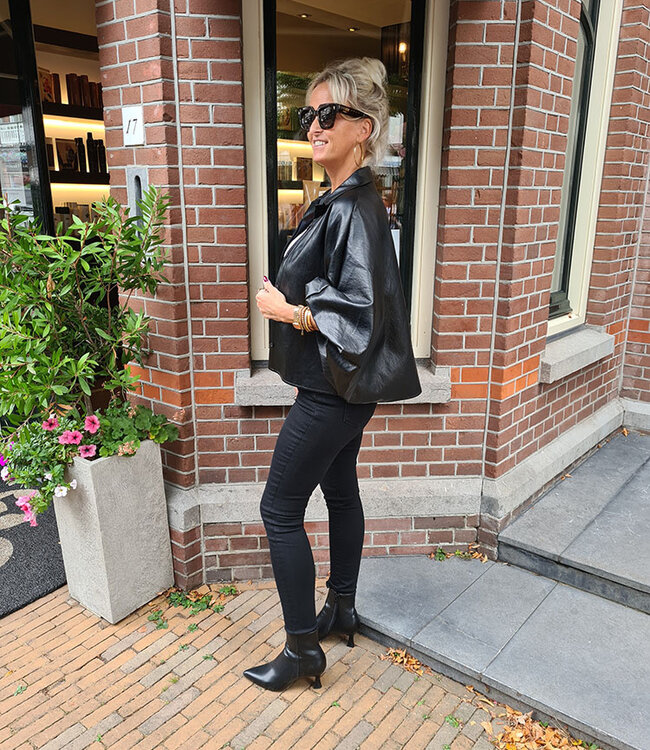 Oversized Lederlook Blouse Gesmokt Zwart
