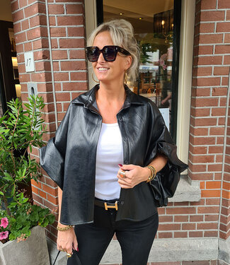 Oversized Lederlook Blouse Gesmokt Zwart