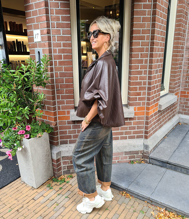 Oversized Lederlook Blouse Gesmokt Donkerbruin