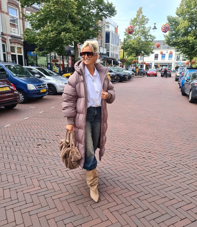 Gewatteerde Lange Winterjas Taupe