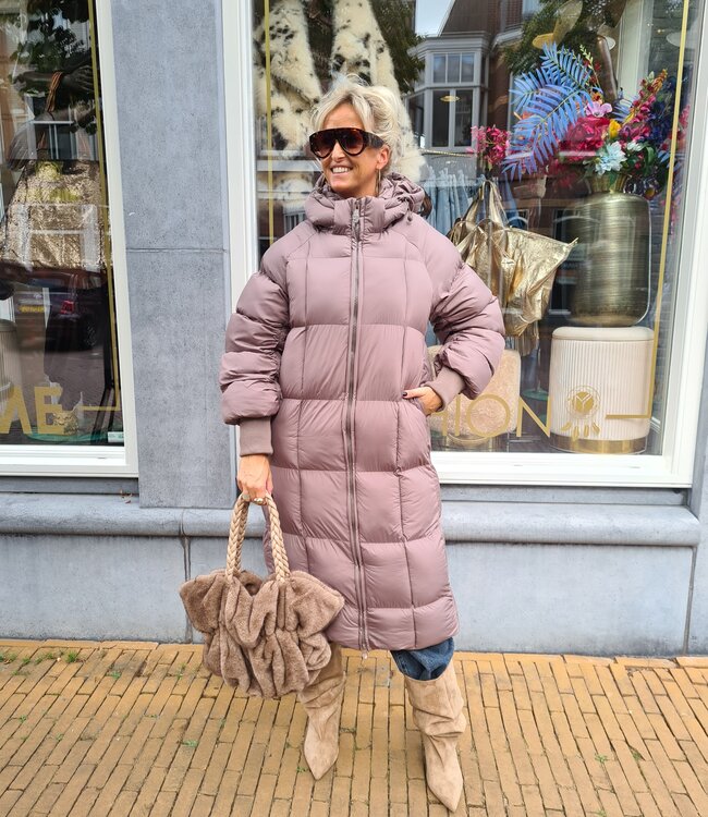 Gewatteerde Lange Winterjas Taupe