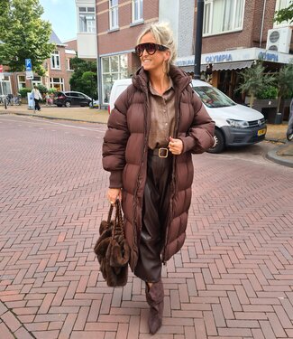 Gewatteerde Lange Winterjas Donkerbruin