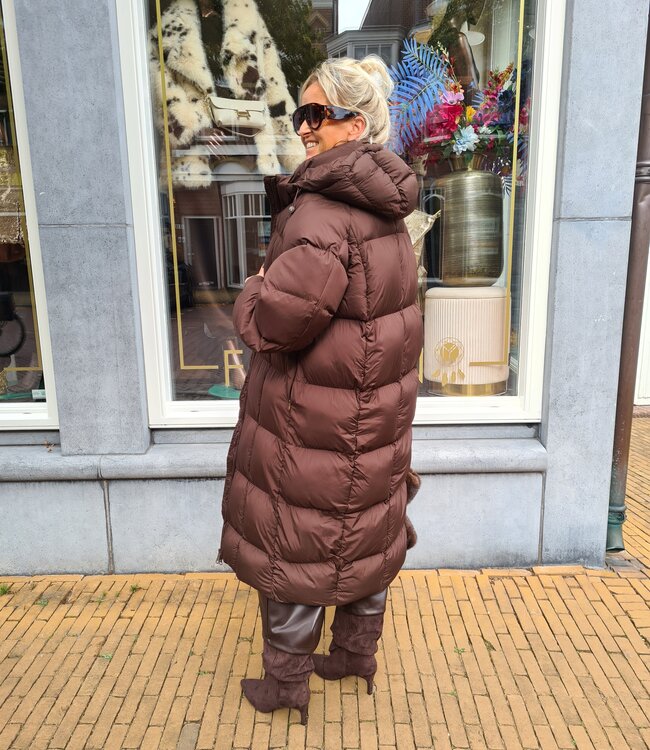 Gewatteerde Lange Winterjas Donkerbruin