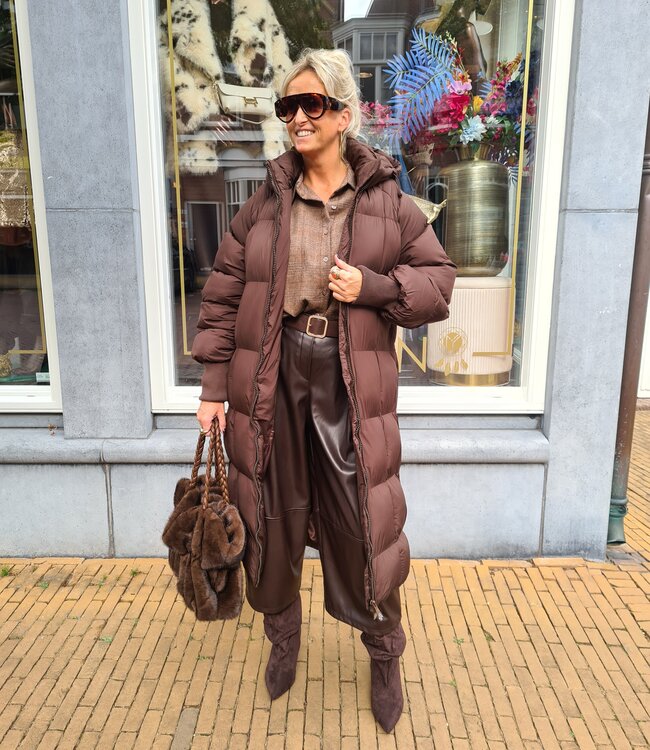 Gewatteerde Lange Winterjas Donkerbruin