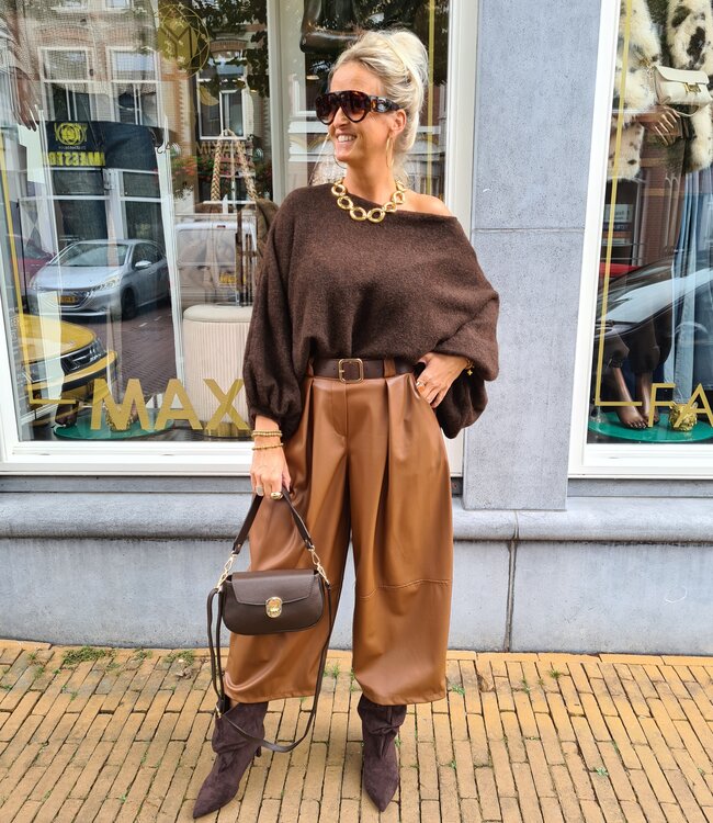 Offshoulder Trui Ballonmouw Donkerbruin