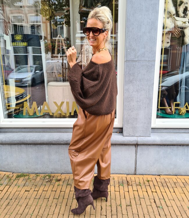 Offshoulder Trui Ballonmouw Donkerbruin
