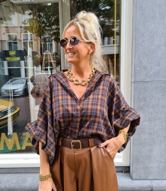 Boebou Oversized Ruiten Blouse Bruin/Grijs