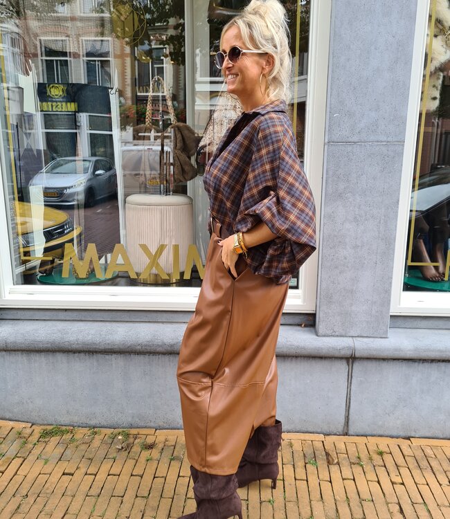 Boebou Oversized Ruiten Blouse Bruin/Grijs