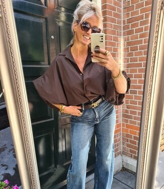 Oversized Blouse Gesmokt Donkerbruin