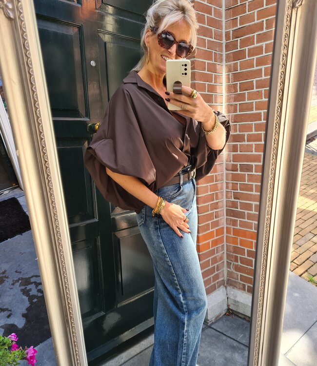 Oversized Blouse Gesmokt Donkerbruin