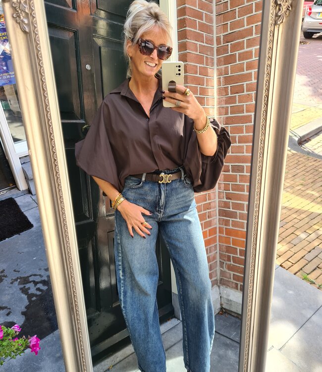 Oversized Blouse Gesmokt Donkerbruin
