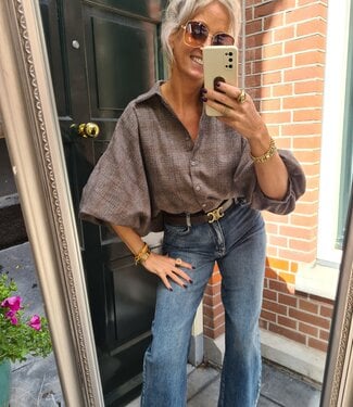 Oversized Ruiten Blouse Gesmokt Bruin