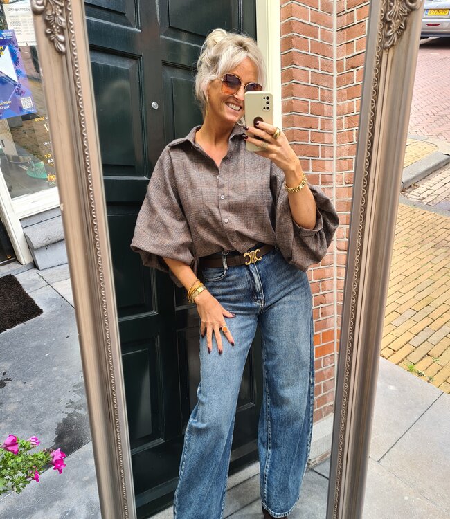 Oversized Ruiten Blouse Gesmokt Bruin