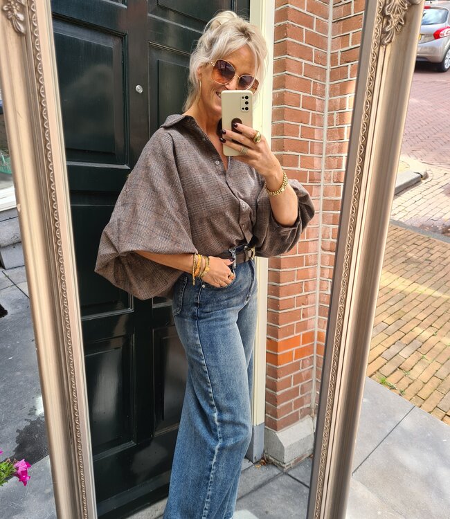 Oversized Ruiten Blouse Gesmokt Bruin