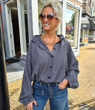 Pofblouse Ruit Blauw/Offwhite