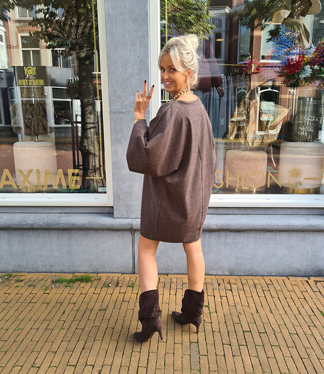 Oversized Jurk Gesmokte Mouw Ruit Donkerbruin
